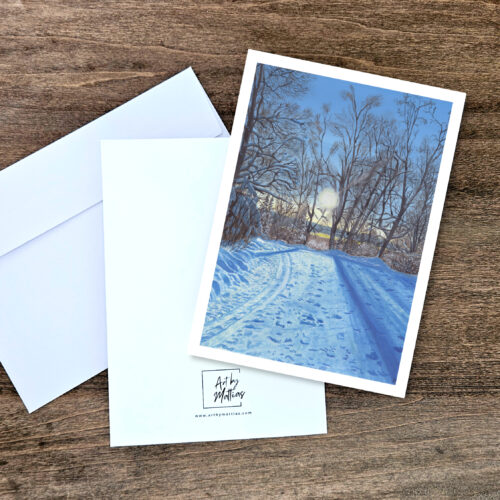 Sunny Winter Trails white border greeting cards