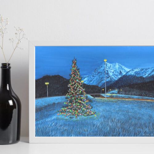 Glenn Highway Christmas Tree in a mockup frame.