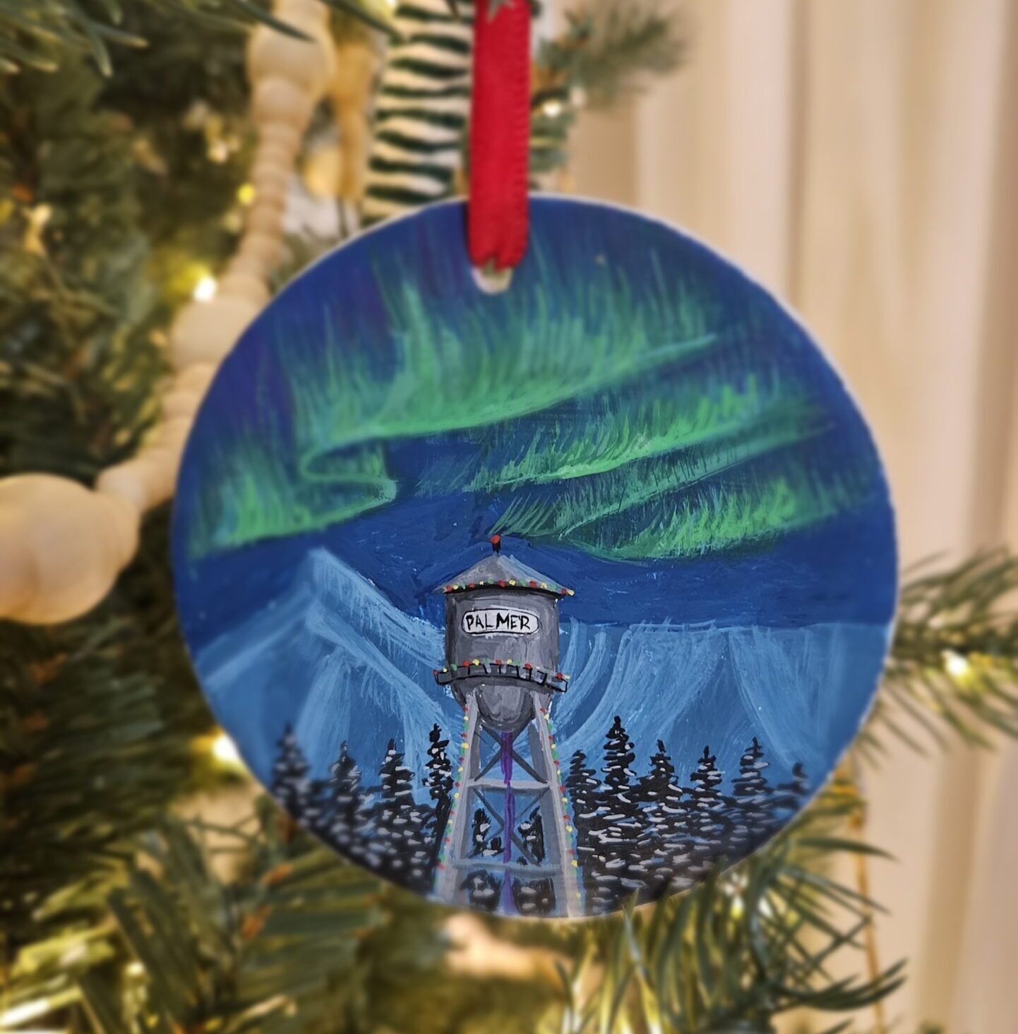 Northern Lights Over Palmer - Hand-painted Christmas Ornament